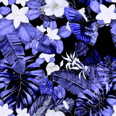 Kuşların, tropik çiçeklerin ve yaprakların olduğu kusursuz bir suluboya deseni. Her türlü tasarım için parlak bir yaz baskısı. Egzotik orman hayvanı duvar kağıdı. Moda baskısı.
