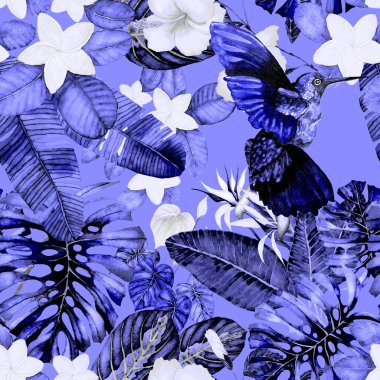 Kuşların, tropik çiçeklerin ve yaprakların olduğu kusursuz bir suluboya deseni. Her türlü tasarım için parlak bir yaz baskısı. Egzotik orman hayvanı duvar kağıdı. Moda baskısı.