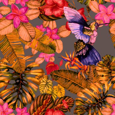 Kuşların, tropik çiçeklerin ve yaprakların olduğu kusursuz bir suluboya deseni. Her türlü tasarım için parlak bir yaz baskısı. Egzotik orman hayvanı duvar kağıdı. Moda baskısı.