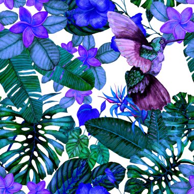 Kuşların, tropik çiçeklerin ve yaprakların olduğu kusursuz bir suluboya deseni. Her türlü tasarım için parlak bir yaz baskısı. Egzotik orman hayvanı duvar kağıdı. Moda baskısı.