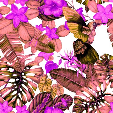 Kuşların, tropik çiçeklerin ve yaprakların olduğu kusursuz bir suluboya deseni. Her türlü tasarım için parlak bir yaz baskısı. Egzotik orman hayvanı duvar kağıdı. Moda baskısı.