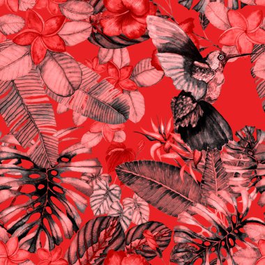 Kuşların, tropik çiçeklerin ve yaprakların olduğu kusursuz bir suluboya deseni. Her türlü tasarım için parlak bir yaz baskısı. Egzotik orman hayvanı duvar kağıdı. Moda baskısı.