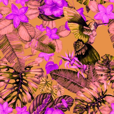 Kuşların, tropik çiçeklerin ve yaprakların olduğu kusursuz bir suluboya deseni. Her türlü tasarım için parlak bir yaz baskısı. Egzotik orman hayvanı duvar kağıdı. Moda baskısı.