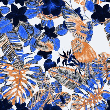 Kuşların, tropik çiçeklerin ve yaprakların olduğu kusursuz bir suluboya deseni. Her türlü tasarım için parlak bir yaz baskısı. Egzotik orman hayvanı duvar kağıdı. Moda baskısı.