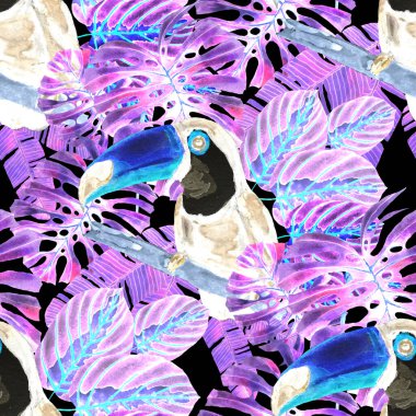 Kuşların, tropik çiçeklerin ve yaprakların olduğu kusursuz bir suluboya deseni. Her türlü tasarım için parlak bir yaz baskısı. Egzotik orman hayvanı duvar kağıdı. Moda baskısı.