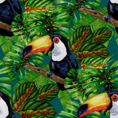 Kuşların, tropik çiçeklerin ve yaprakların olduğu kusursuz bir suluboya deseni. Her türlü tasarım için parlak bir yaz baskısı. Egzotik orman hayvanı duvar kağıdı. Moda baskısı.