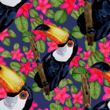 Kuşların, tropik çiçeklerin ve yaprakların olduğu kusursuz bir suluboya deseni. Her türlü tasarım için parlak bir yaz baskısı. Egzotik orman hayvanı duvar kağıdı. Moda baskısı.