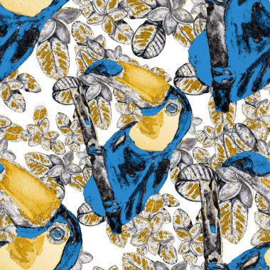 Kuşların, tropik çiçeklerin ve yaprakların olduğu kusursuz bir suluboya deseni. Her türlü tasarım için parlak bir yaz baskısı. Egzotik orman hayvanı duvar kağıdı. Moda baskısı.