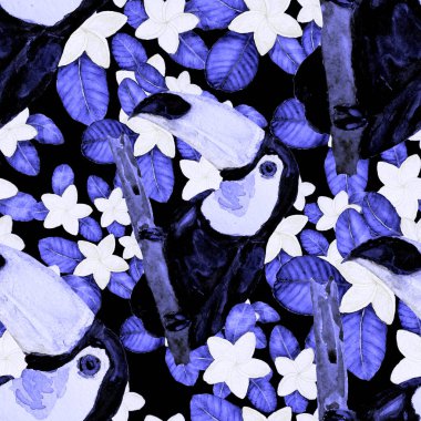 Kuşların, tropik çiçeklerin ve yaprakların olduğu kusursuz bir suluboya deseni. Her türlü tasarım için parlak bir yaz baskısı. Egzotik orman hayvanı duvar kağıdı. Moda baskısı.