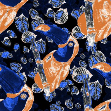 Kuşların, tropik çiçeklerin ve yaprakların olduğu kusursuz bir suluboya deseni. Her türlü tasarım için parlak bir yaz baskısı. Egzotik orman hayvanı duvar kağıdı. Moda baskısı.