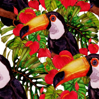 Kuşların, tropik çiçeklerin ve yaprakların olduğu kusursuz bir suluboya deseni. Her türlü tasarım için parlak bir yaz baskısı. Egzotik orman hayvanı duvar kağıdı. Moda baskısı.