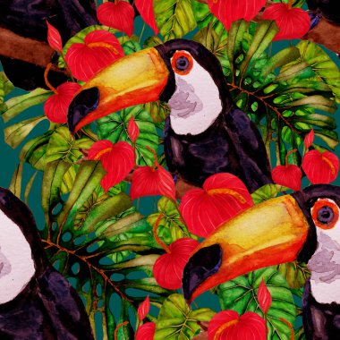 Kuşların, tropik çiçeklerin ve yaprakların olduğu kusursuz bir suluboya deseni. Her türlü tasarım için parlak bir yaz baskısı. Egzotik orman hayvanı duvar kağıdı. Moda baskısı.