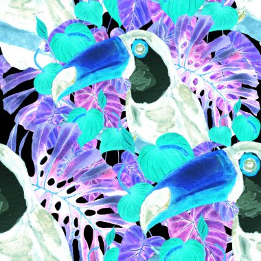 Kuşların, tropik çiçeklerin ve yaprakların olduğu kusursuz bir suluboya deseni. Her türlü tasarım için parlak bir yaz baskısı. Egzotik orman hayvanı duvar kağıdı. Moda baskısı.