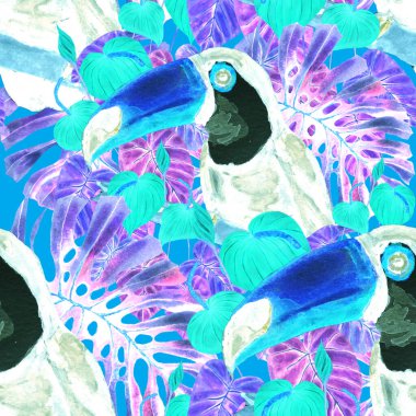 Kuşların, tropik çiçeklerin ve yaprakların olduğu kusursuz bir suluboya deseni. Her türlü tasarım için parlak bir yaz baskısı. Egzotik orman hayvanı duvar kağıdı. Moda baskısı.