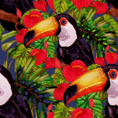 Kuşların, tropik çiçeklerin ve yaprakların olduğu kusursuz bir suluboya deseni. Her türlü tasarım için parlak bir yaz baskısı. Egzotik orman hayvanı duvar kağıdı. Moda baskısı.