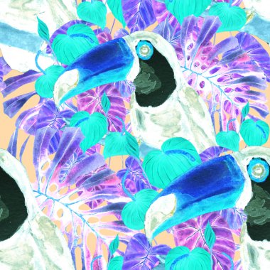 Kuşların, tropik çiçeklerin ve yaprakların olduğu kusursuz bir suluboya deseni. Her türlü tasarım için parlak bir yaz baskısı. Egzotik orman hayvanı duvar kağıdı. Moda baskısı.