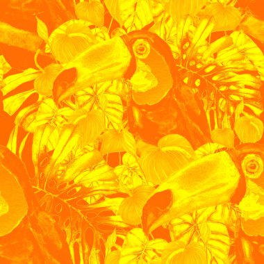 Kuşların, tropik çiçeklerin ve yaprakların olduğu kusursuz bir suluboya deseni. Her türlü tasarım için parlak bir yaz baskısı. Egzotik orman hayvanı duvar kağıdı. Moda baskısı.