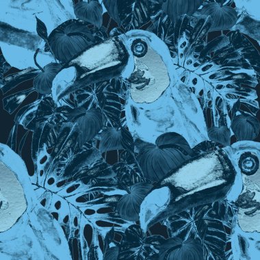 Kuşların, tropik çiçeklerin ve yaprakların olduğu kusursuz bir suluboya deseni. Her türlü tasarım için parlak bir yaz baskısı. Egzotik orman hayvanı duvar kağıdı. Moda baskısı.