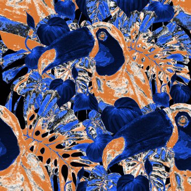 Kuşların, tropik çiçeklerin ve yaprakların olduğu kusursuz bir suluboya deseni. Her türlü tasarım için parlak bir yaz baskısı. Egzotik orman hayvanı duvar kağıdı. Moda baskısı.