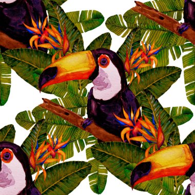 Kuşların, tropik çiçeklerin ve yaprakların olduğu kusursuz bir suluboya deseni. Her türlü tasarım için parlak bir yaz baskısı. Egzotik orman hayvanı duvar kağıdı. Moda baskısı.