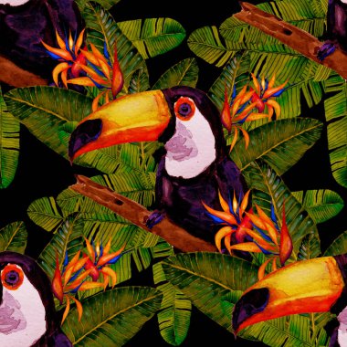 Kuşların, tropik çiçeklerin ve yaprakların olduğu kusursuz bir suluboya deseni. Her türlü tasarım için parlak bir yaz baskısı. Egzotik orman hayvanı duvar kağıdı. Moda baskısı.