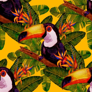 Kuşların, tropik çiçeklerin ve yaprakların olduğu kusursuz bir suluboya deseni. Her türlü tasarım için parlak bir yaz baskısı. Egzotik orman hayvanı duvar kağıdı. Moda baskısı.