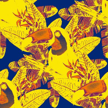 Kuşların, tropik çiçeklerin ve yaprakların olduğu kusursuz bir suluboya deseni. Her türlü tasarım için parlak bir yaz baskısı. Egzotik orman hayvanı duvar kağıdı. Moda baskısı.