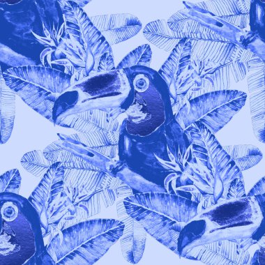 Kuşların, tropik çiçeklerin ve yaprakların olduğu kusursuz bir suluboya deseni. Her türlü tasarım için parlak bir yaz baskısı. Egzotik orman hayvanı duvar kağıdı. Moda baskısı.