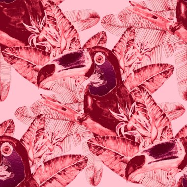Kuşların, tropik çiçeklerin ve yaprakların olduğu kusursuz bir suluboya deseni. Her türlü tasarım için parlak bir yaz baskısı. Egzotik orman hayvanı duvar kağıdı. Moda baskısı.
