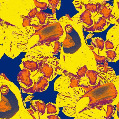 Kuşların, tropik çiçeklerin ve yaprakların olduğu kusursuz bir suluboya deseni. Her türlü tasarım için parlak bir yaz baskısı. Egzotik orman hayvanı duvar kağıdı. Moda baskısı.