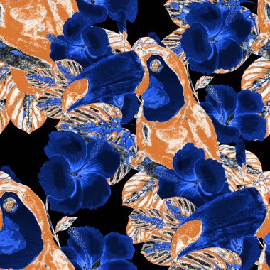 Kuşların, tropik çiçeklerin ve yaprakların olduğu kusursuz bir suluboya deseni. Her türlü tasarım için parlak bir yaz baskısı. Egzotik orman hayvanı duvar kağıdı. Moda baskısı.