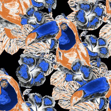 Kuşların, tropik çiçeklerin ve yaprakların olduğu kusursuz bir suluboya deseni. Her türlü tasarım için parlak bir yaz baskısı. Egzotik orman hayvanı duvar kağıdı. Moda baskısı.