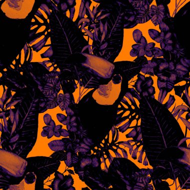 Kuşların, tropik çiçeklerin ve yaprakların olduğu kusursuz bir suluboya deseni. Her türlü tasarım için parlak bir yaz baskısı. Egzotik orman hayvanı duvar kağıdı. Moda baskısı.