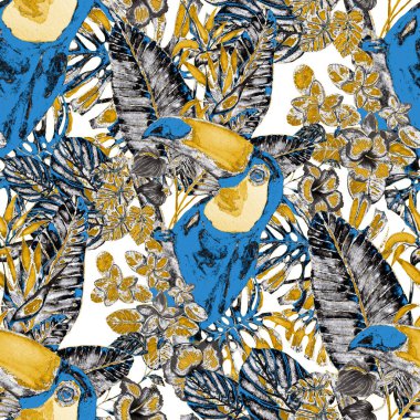 Kuşların, tropik çiçeklerin ve yaprakların olduğu kusursuz bir suluboya deseni. Her türlü tasarım için parlak bir yaz baskısı. Egzotik orman hayvanı duvar kağıdı. Moda baskısı.