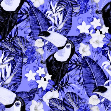 Kuşların, tropik çiçeklerin ve yaprakların olduğu kusursuz bir suluboya deseni. Her türlü tasarım için parlak bir yaz baskısı. Egzotik orman hayvanı duvar kağıdı. Moda baskısı.