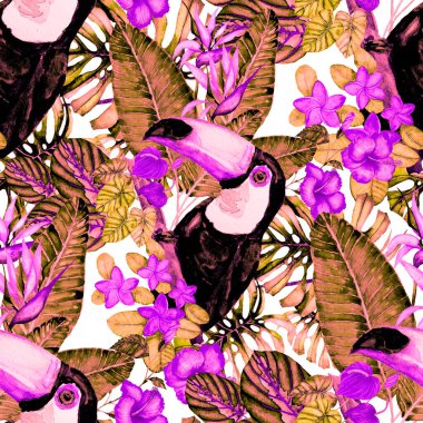 Kuşların, tropik çiçeklerin ve yaprakların olduğu kusursuz bir suluboya deseni. Her türlü tasarım için parlak bir yaz baskısı. Egzotik orman hayvanı duvar kağıdı. Moda baskısı.