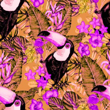 Kuşların, tropik çiçeklerin ve yaprakların olduğu kusursuz bir suluboya deseni. Her türlü tasarım için parlak bir yaz baskısı. Egzotik orman hayvanı duvar kağıdı. Moda baskısı.