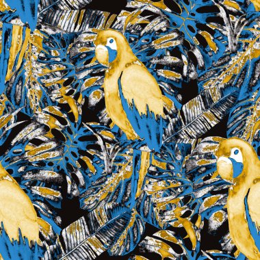 Kuşların, tropik çiçeklerin ve yaprakların olduğu kusursuz bir suluboya deseni. Her türlü tasarım için parlak bir yaz baskısı. Egzotik orman hayvanı duvar kağıdı. Moda baskısı.