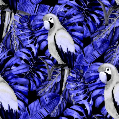 Kuşların, tropik çiçeklerin ve yaprakların olduğu kusursuz bir suluboya deseni. Her türlü tasarım için parlak bir yaz baskısı. Egzotik orman hayvanı duvar kağıdı. Moda baskısı.