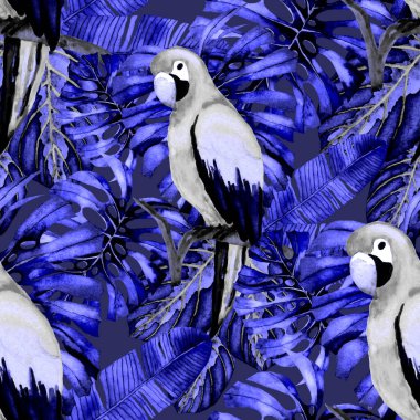 Kuşların, tropik çiçeklerin ve yaprakların olduğu kusursuz bir suluboya deseni. Her türlü tasarım için parlak bir yaz baskısı. Egzotik orman hayvanı duvar kağıdı. Moda baskısı.