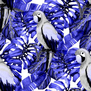 Kuşların, tropik çiçeklerin ve yaprakların olduğu kusursuz bir suluboya deseni. Her türlü tasarım için parlak bir yaz baskısı. Egzotik orman hayvanı duvar kağıdı. Moda baskısı.