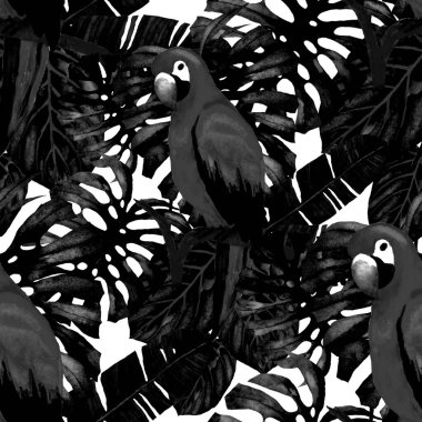 Kuşların, tropik çiçeklerin ve yaprakların olduğu kusursuz bir suluboya deseni. Her türlü tasarım için parlak bir yaz baskısı. Egzotik orman hayvanı duvar kağıdı. Moda baskısı.