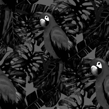 Kuşların, tropik çiçeklerin ve yaprakların olduğu kusursuz bir suluboya deseni. Her türlü tasarım için parlak bir yaz baskısı. Egzotik orman hayvanı duvar kağıdı. Moda baskısı.