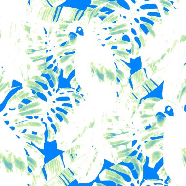 Kuşların, tropik çiçeklerin ve yaprakların olduğu kusursuz bir suluboya deseni. Her türlü tasarım için parlak bir yaz baskısı. Egzotik orman hayvanı duvar kağıdı. Moda baskısı.