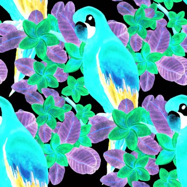 Kuşların, tropik çiçeklerin ve yaprakların olduğu kusursuz bir suluboya deseni. Her türlü tasarım için parlak bir yaz baskısı. Egzotik orman hayvanı duvar kağıdı. Moda baskısı.