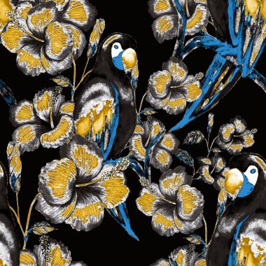 Kuşların, tropik çiçeklerin ve yaprakların olduğu kusursuz bir suluboya deseni. Her türlü tasarım için parlak bir yaz baskısı. Egzotik orman hayvanı duvar kağıdı. Moda baskısı.