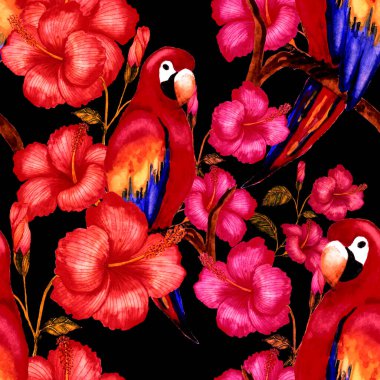 Kuşların, tropik çiçeklerin ve yaprakların olduğu kusursuz bir suluboya deseni. Her türlü tasarım için parlak bir yaz baskısı. Egzotik orman hayvanı duvar kağıdı. Moda baskısı.