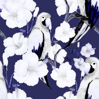 Kuşların, tropik çiçeklerin ve yaprakların olduğu kusursuz bir suluboya deseni. Her türlü tasarım için parlak bir yaz baskısı. Egzotik orman hayvanı duvar kağıdı. Moda baskısı.