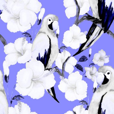 Kuşların, tropik çiçeklerin ve yaprakların olduğu kusursuz bir suluboya deseni. Her türlü tasarım için parlak bir yaz baskısı. Egzotik orman hayvanı duvar kağıdı. Moda baskısı.