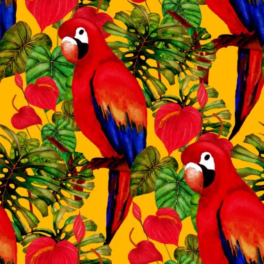 Kuşların, tropik çiçeklerin ve yaprakların olduğu kusursuz bir suluboya deseni. Her türlü tasarım için parlak bir yaz baskısı. Egzotik orman hayvanı duvar kağıdı. Moda baskısı.